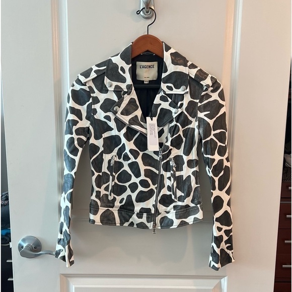L’AGENCE BIKER MOTO JACKET 100% LEATHER IVORY / BLACK ANTIBES NWT - Picture 1 of 16